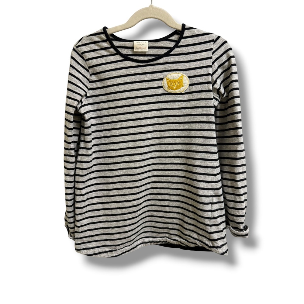 Zara Girls Grey Black Striped Long Sleeve Cat Patch Tee‎ Size 9/10 140cm